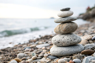 A serene stack of smooth stones balances on a pebbly beach, with gentle waves lapping at the shore under a softly cloudy sky.