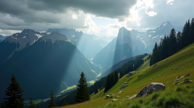 Jura Mountains in Switzerland at midday under rain. Wet slopes shimmer, mist rises from the valleys, and raindrops blur the view, creating a moody, atmospheric landscape.
