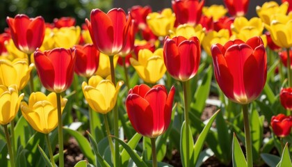 Vibrant red and yellow tulips blooming in a sunlit garden with copy space