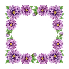 Square floral frame with purple dahlias and green leaves. Watercolor botanical illustration.