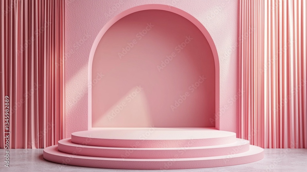 Poster a beautifully designed space fills with soft pink hues, showcasing an inviting archway and steps tha