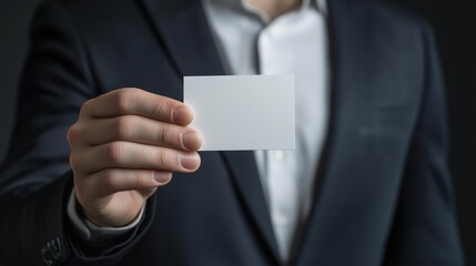 Man in a business suit holding a blank white business card. Professional branding and corporate identity mockup placeholder