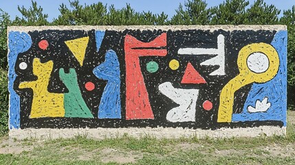 Colorful abstract artwork painted on a concrete wall outdoors.  Vibrant shapes and patterns against a dark background.