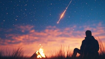 Silhouette of person watching Perseid meteor shower with campfire on foreground against starry night sky. Image for astronomy website, travel blog and banner with copy space.