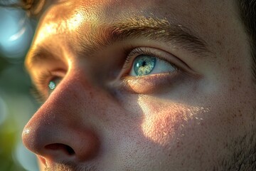 Naklejka premium A close-up shot of a man's face with bright blue eyes