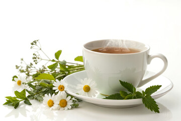 A serene cup of tea surrounded by fresh herbs and daisies, symbolizing relaxation and natural wellness.