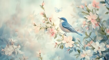 Obraz premium Blue bird perching on blooming cherry blossom branch in spring