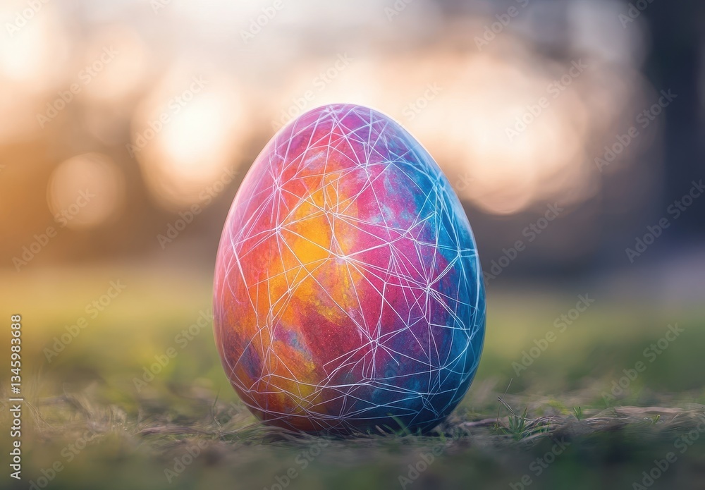 Poster vibrant easter egg with abstract geometric patterns against a soft blurred background of nature duri