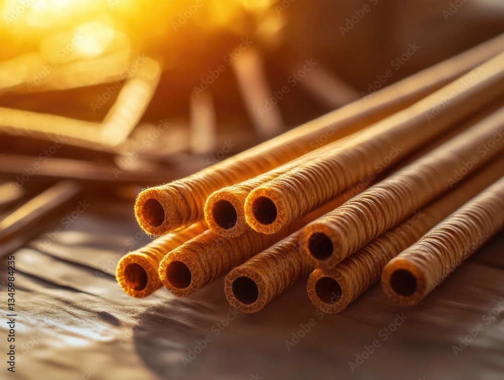 Poster a collection of bamboo sticks arranged on a table for decoration or display