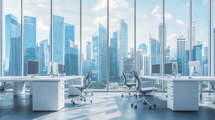 Modern office with city view; spacious interior. Possible use stock photo for corporate image or commercial office space