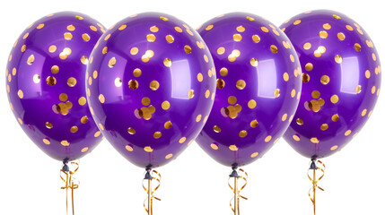 Purple balloons with golden glitter confetti isolated on white