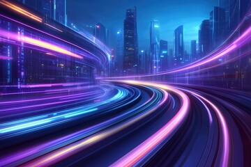 Fototapeta premium Futuristic neon speed light trails in a cyberpunk cityscape. Concept of fast technology, innovation, and modern urban transport