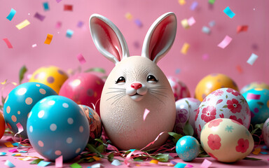 Obraz premium Joyful Easter scene: bunny egg with ears, decorated eggs, and confetti on pink. A festive spring celebration.