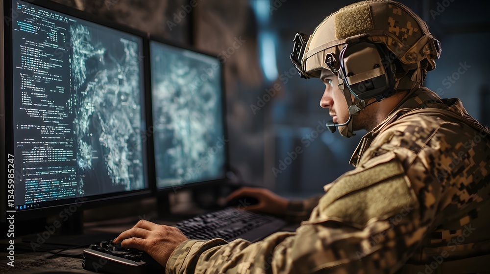 Poster Military operator programming secure network in headquarters control room