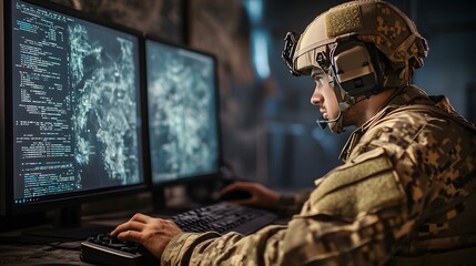 Military operator programming secure network in headquarters control room