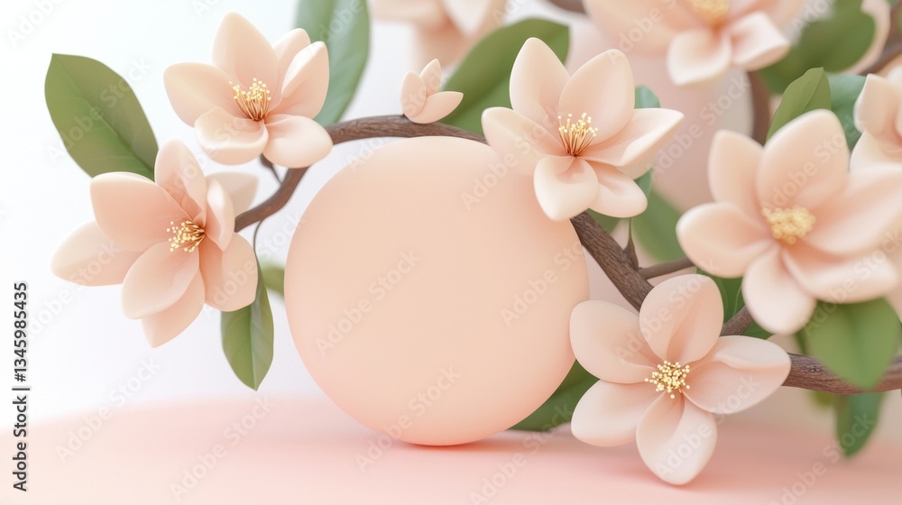 Poster whimsical composition with floating soft pink florals and round element on pastel background