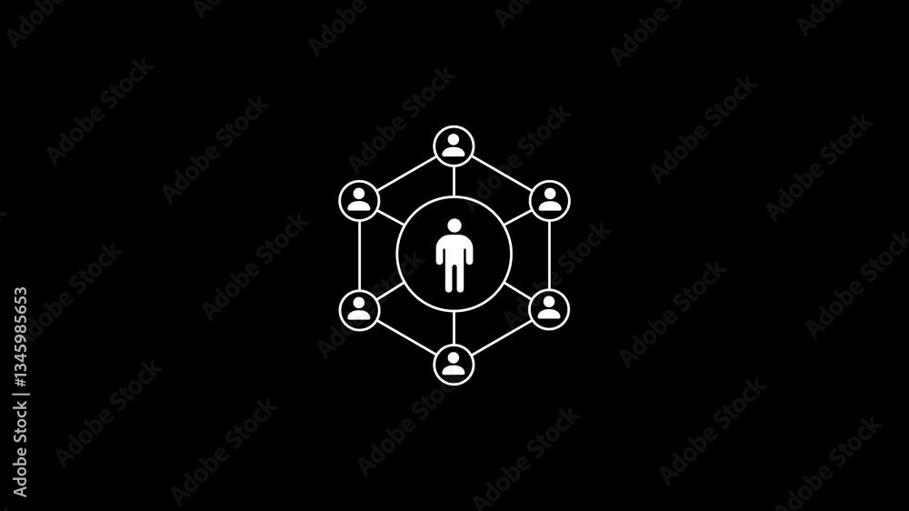 Poster man icon with digital network connections animation on a black background, illustrating interactive 