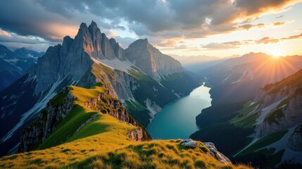 Aerial view of Grimsel Pass at dawn under sunny conditions, golden light illuminating mountain ridges. Serpentine roads weave through the rugged Swiss alpine landscape.