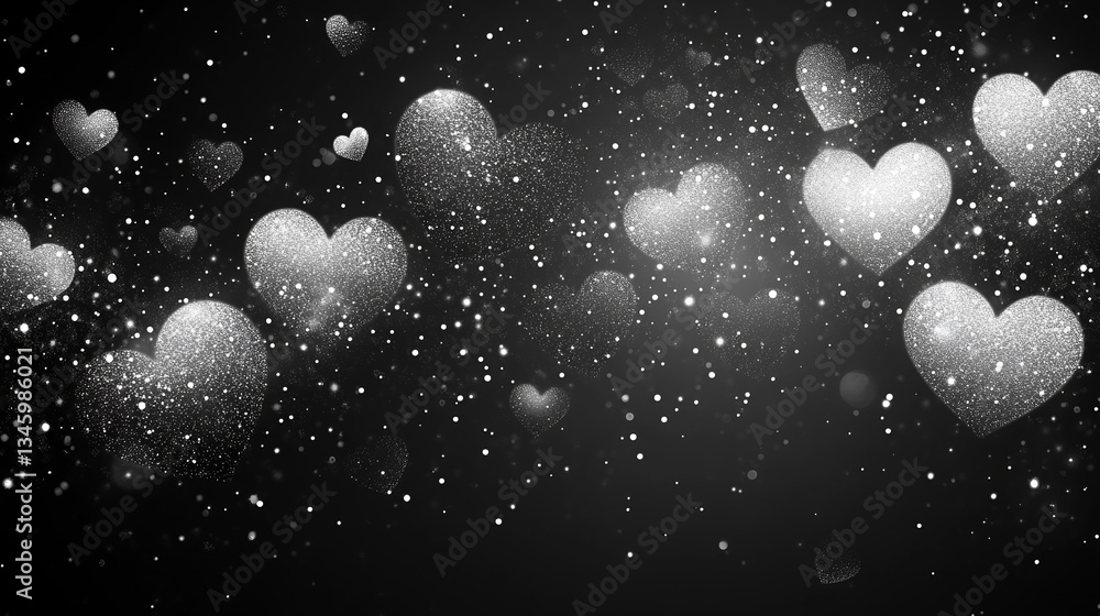 Poster elegant white heart pattern of various sizes and shapes on a black background, featuring glowing acc