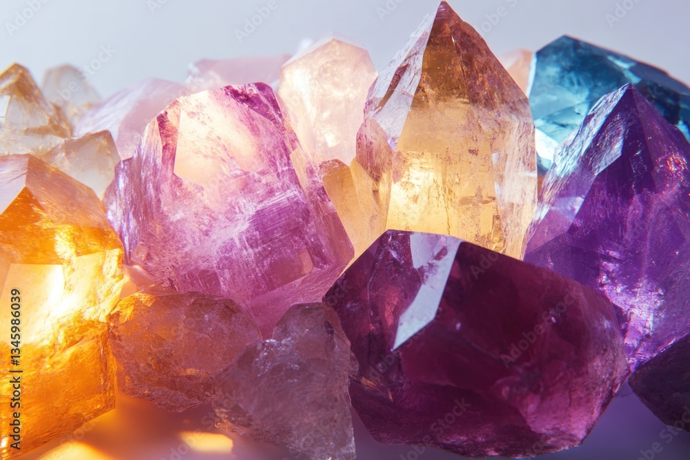 Poster a close-up shot of a group of crystals, perfect for highlighting their details and textures