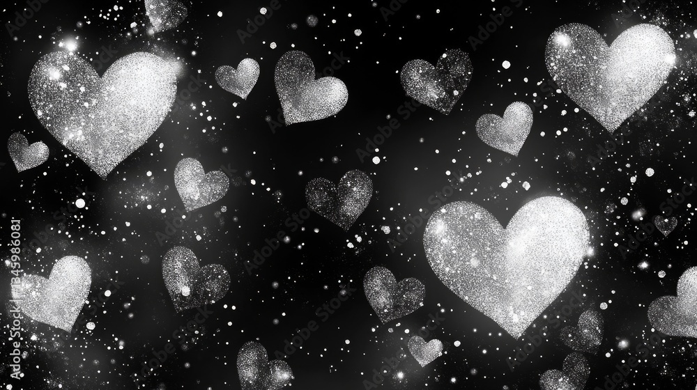 Poster elegant white heart pattern of various sizes and shapes on a black background, featuring glowing acc