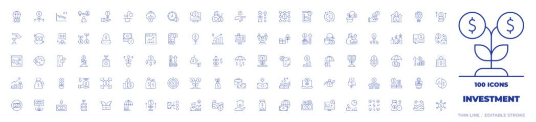 100 Investment Icons Collection. Thin line icon. Editable stroke. money drop, benefit, stock exchange, revenue, mortgage, no money, money, graphic chart, pouch, jar