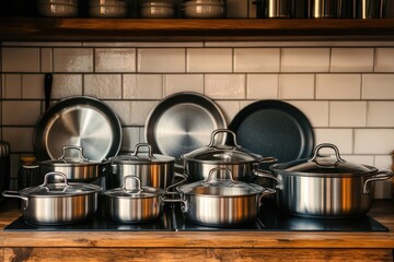 A collection of pots and pans sitting on a kitchen counter, ready for use