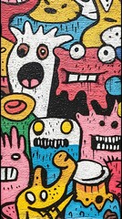 Colorful monster graffiti art.  Fun, quirky, and vibrant cartoon characters on textured background. Perfect for kids, art, and design projects.