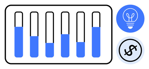 Progress bars filled at various levels with symbols of a light bulb and a dollar. Ideal for innovation, analytics, finance, growth, performance, creativity, development. Flat simple metaphor