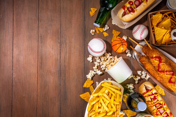 Traditional sport stadium foods and beer background