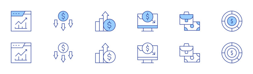 Investment icon set in two styles, Duotone and Thin Line style. Editable stroke. stock exchange, trading, dollar, business, investment, pie chart