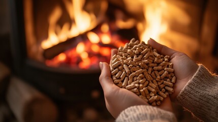 Hands holding wood pellets with a burning fireplace background. Perfect for illustrating eco-friendly heating or alternative energy sources.