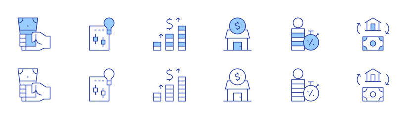 Investment icon set in two styles, Duotone and Thin Line style. Editable stroke. trade, salary, loan, income, investment, home