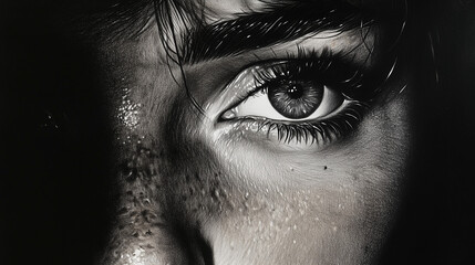 Fototapeta premium Black and white portrait drawn with graphite on a dark background