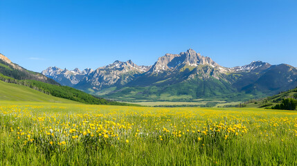 Vibrant Yellow Wildflowers Blooming in Lush Green Meadow with Majestic Mountain Range and Blue Sky