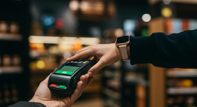 Contactless Payment: Close-up of Hands Exchanging Smartwatch and POS Device in Convenience Store