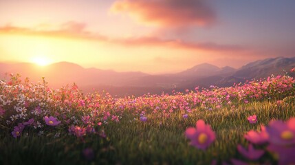 Obraz premium Sunset Serene: A breathtaking view of a flower field at sunset, with majestic mountains in the background. Peaceful atmosphere, warm colors