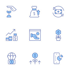 Investment icons set. Line Duotone style, editable stroke. money drop, growth, loan, pie chart, salary, nft, investment