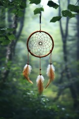 A dream catcher hangs from a tree branch in a dense forest, ready to catch sweet dreams