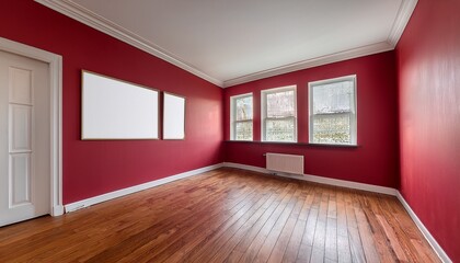 Obraz premium Red empty living room with windows, parquet floor and mockup posters. Generated image