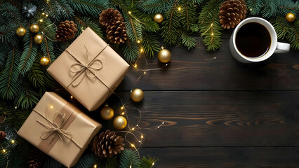 Holiday Hygge on Walnut: A cozy winter scene; evergreen, golden accents, and rustic gifts surround a coffee mug, all on a dark wood surface, rich in texture and negative space.