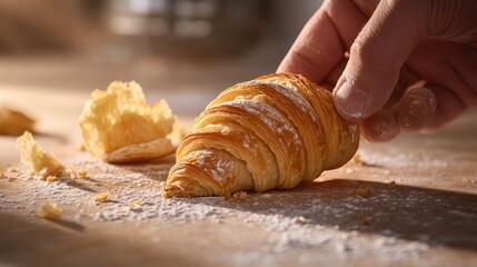 Freshly Baked Croissant on Wooden Table with Hand and Flour Dust