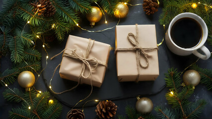 Charcoal Holiday Haven: Brown paper packages and winter's greenery, a flat lay on textured stone; coffee steams, lights twinkle, creating a festive mood with abundant negative space.
