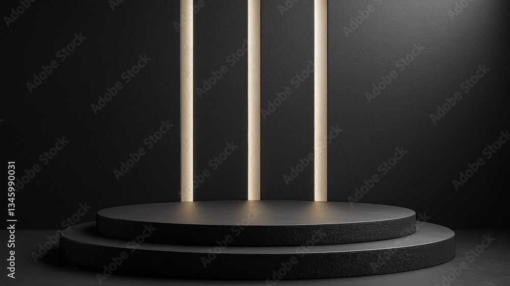 Poster a sleek podium composed of dark materials features three slender glowing light strips. this contempo