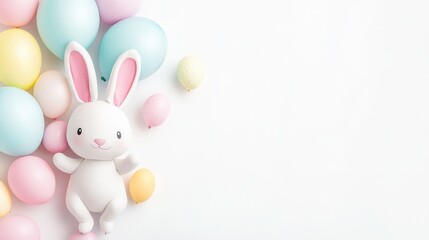 Fototapeta premium Pastel Bunny with Colorful Balloons on White Background