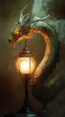 A fantasy-themed lamp with a dragon design and smoke emanating from its mouth