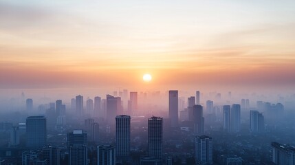 Fototapeta premium Bright sunrise over a cityscape, representing the dawn of a new era