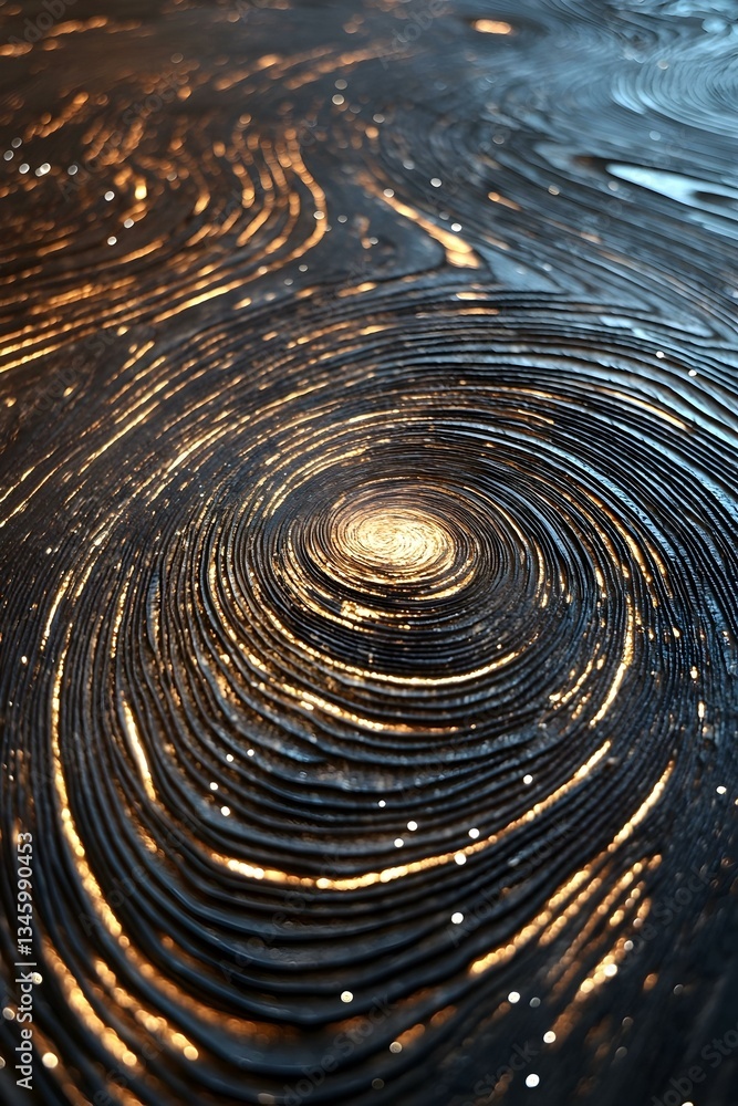 Poster abstract swirling dark metallic texture with warm light, glowing lines and bokeh. perfect for backgr
