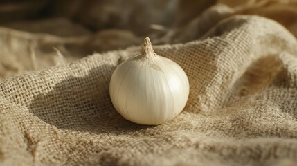 Fresh, whole onion on textured burlap fabric, softly lit, highlighting natural colors and shadows
