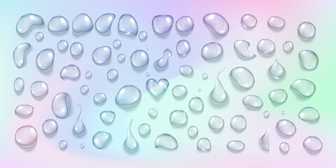 Vector illustration of transparent water droplets on a soft gradient backdrop transitioning through pastel colors. The droplets vary in size and reflect light, creating a glossy effect.